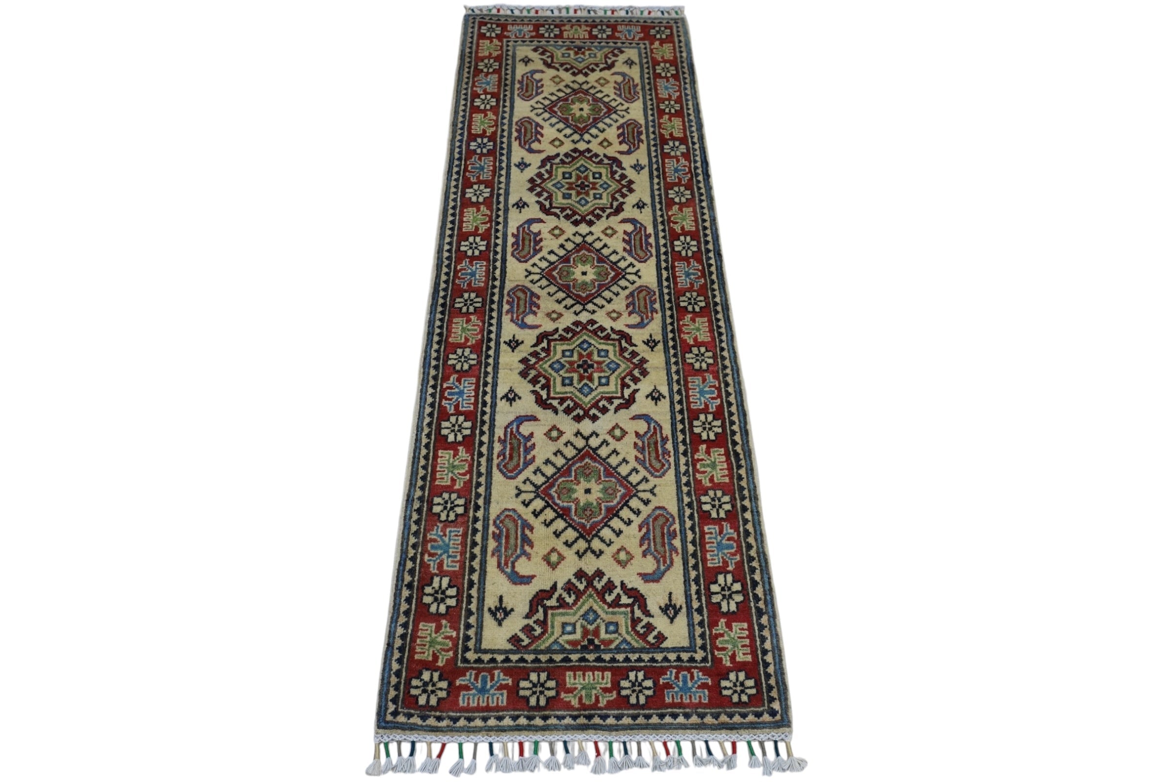 Hand-Knotted Afghani Kazak Wool Rug – 2’0″ x 6’2″
