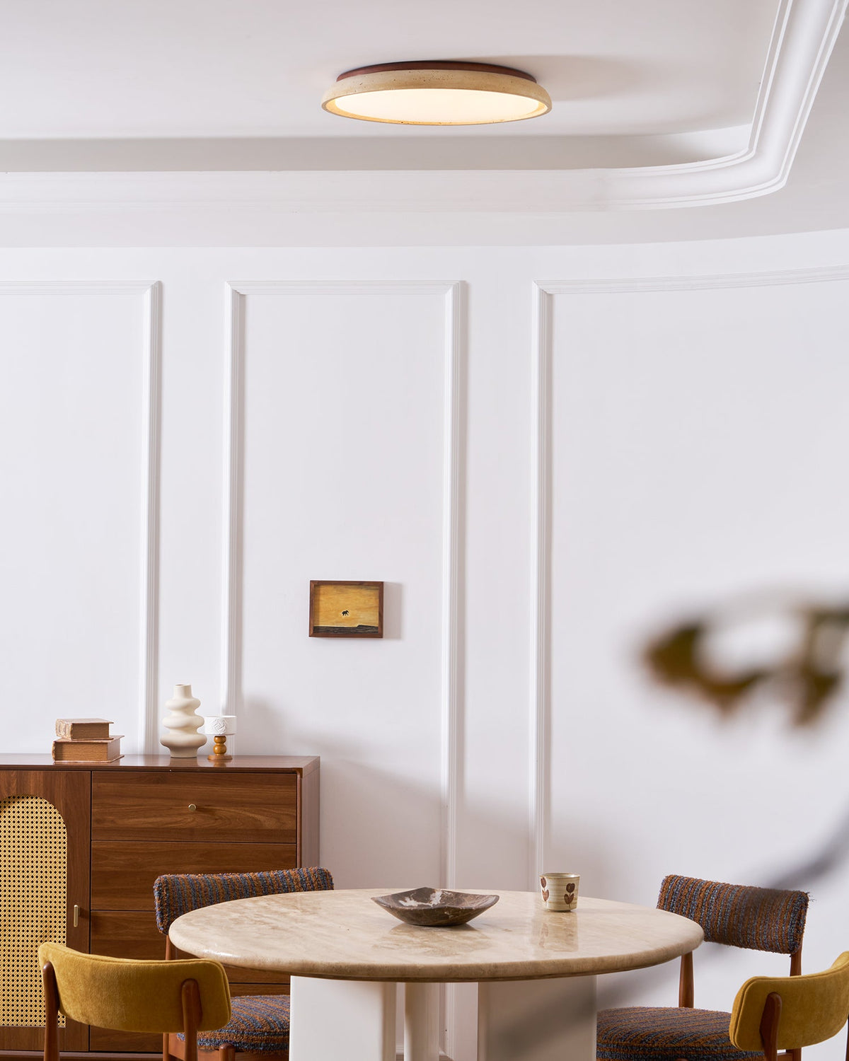 Natural Travertine Stone Ceiling Light with Warm Diffused Glow | Flush Mount