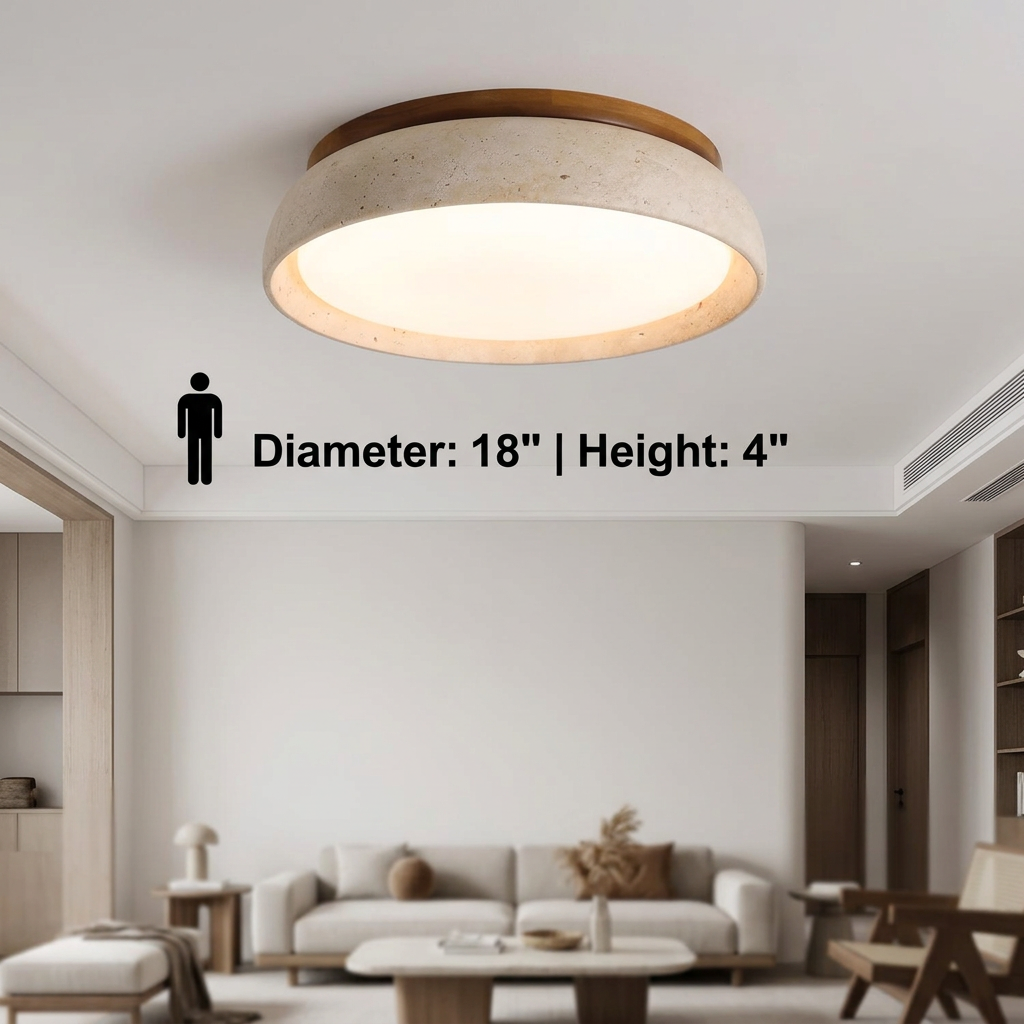 Natural Travertine Stone Ceiling Light with Warm Diffused Glow | Flush Mount