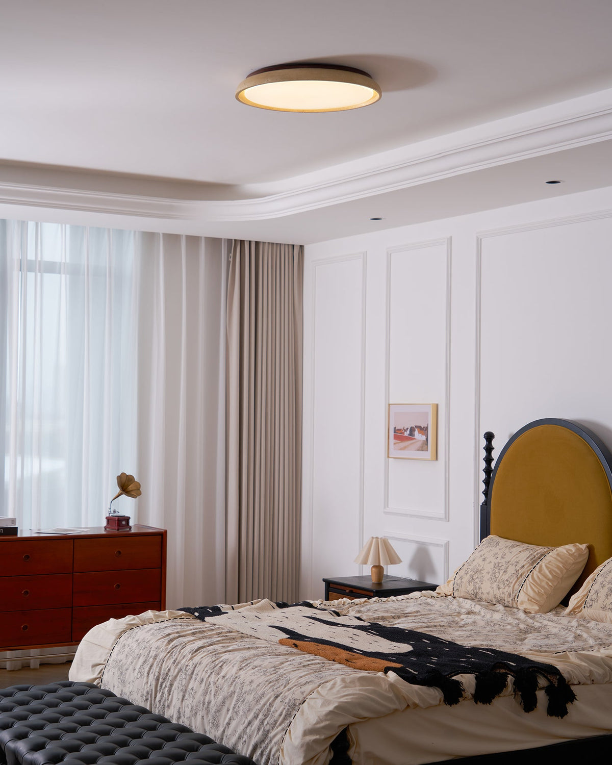 Natural Travertine Stone Ceiling Light with Warm Diffused Glow | Flush Mount