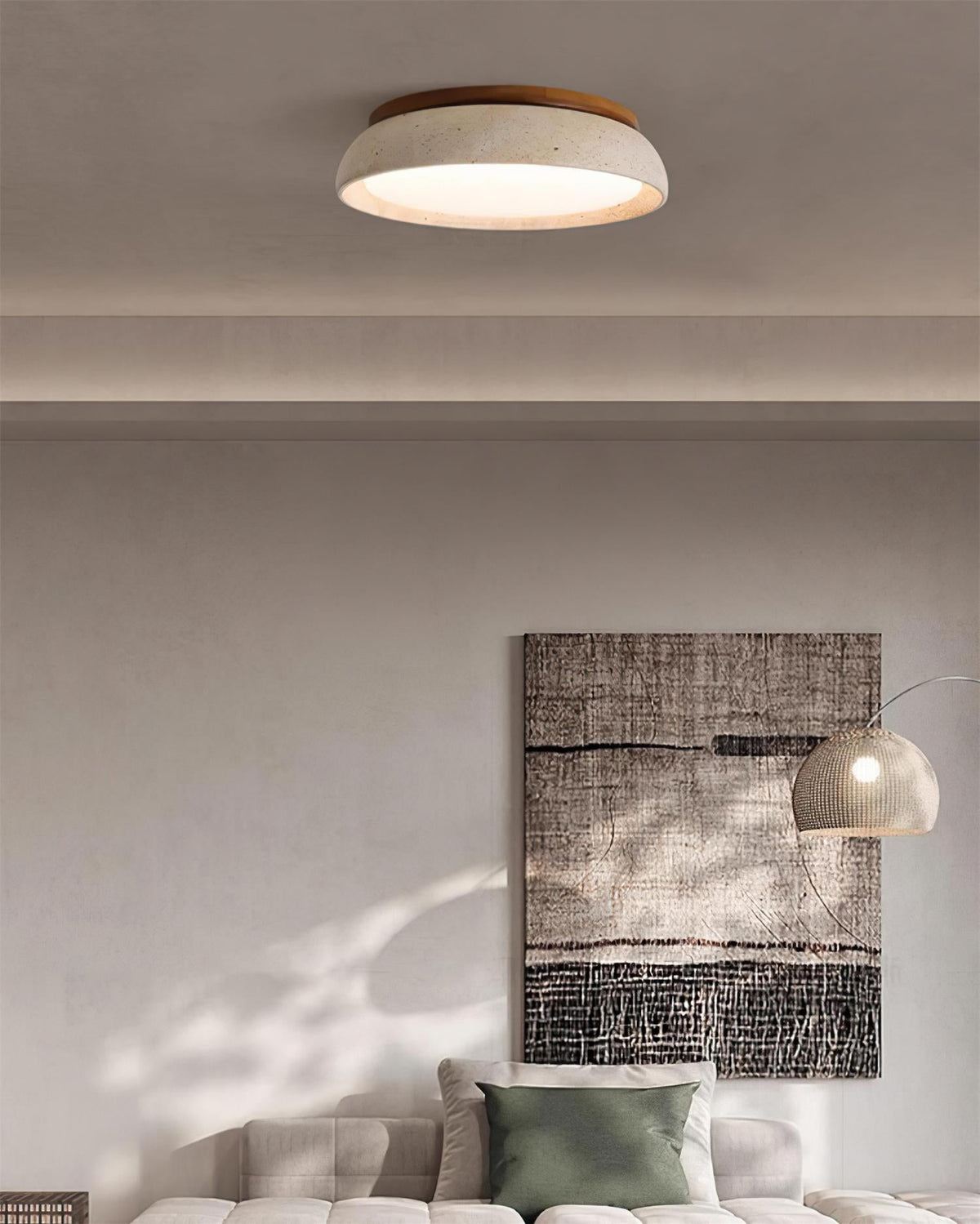 Natural Travertine Stone Ceiling Light with Warm Diffused Glow | Flush Mount