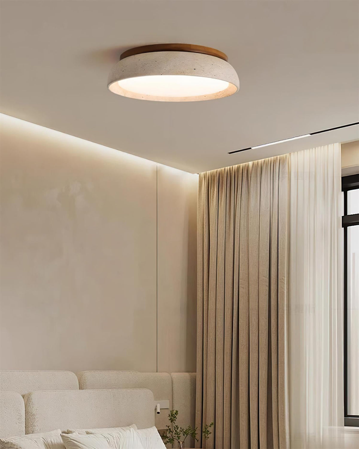 Natural Travertine Stone Ceiling Light with Warm Diffused Glow | Flush Mount
