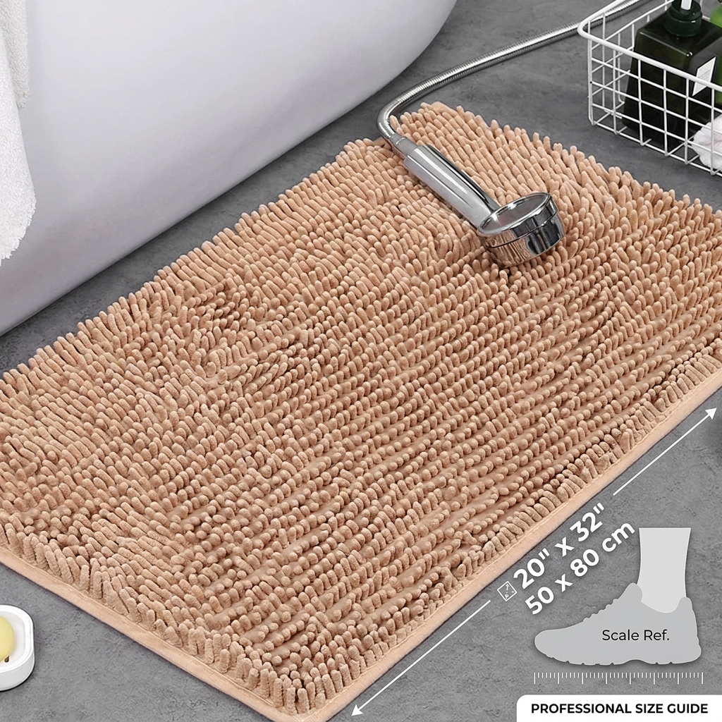 Chenille Absorbent Bath Mat Non-Slip Soft Bathroom Rug Machine Washable