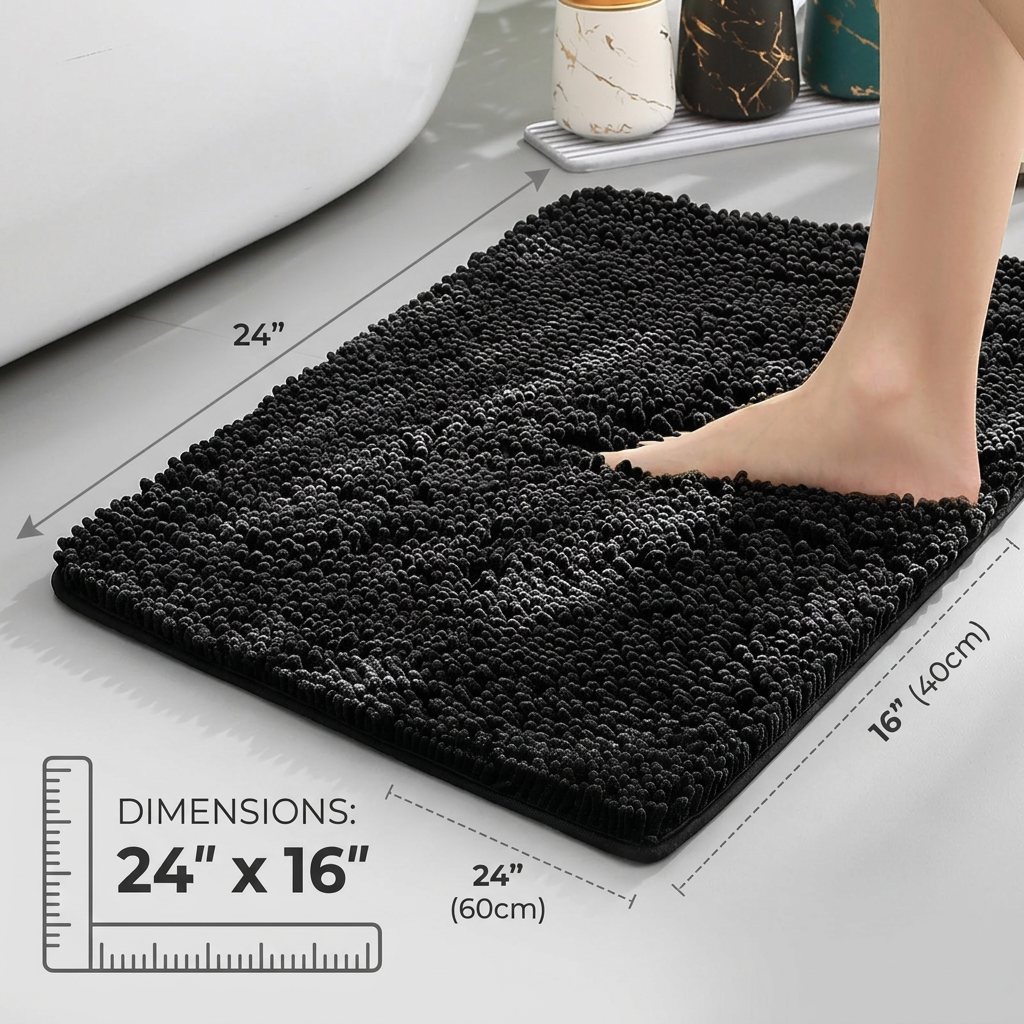 Chenille Absorbent Bath Mat Non-Slip Soft Bathroom Rug Machine Washable