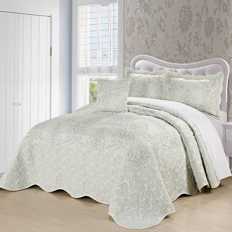 Queen size Antique White Damask Embroidered 4 Piece Oversized Bedspread Set-0
