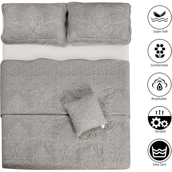 Queen size Ash Grey Damask Embroidered 4 Piece Oversized Bedspread Set-4