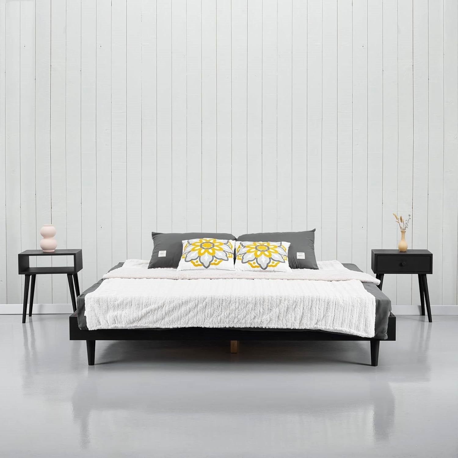 Queen size Mid-Century Modern Platform Bed Frame in Black Wood Finish-1