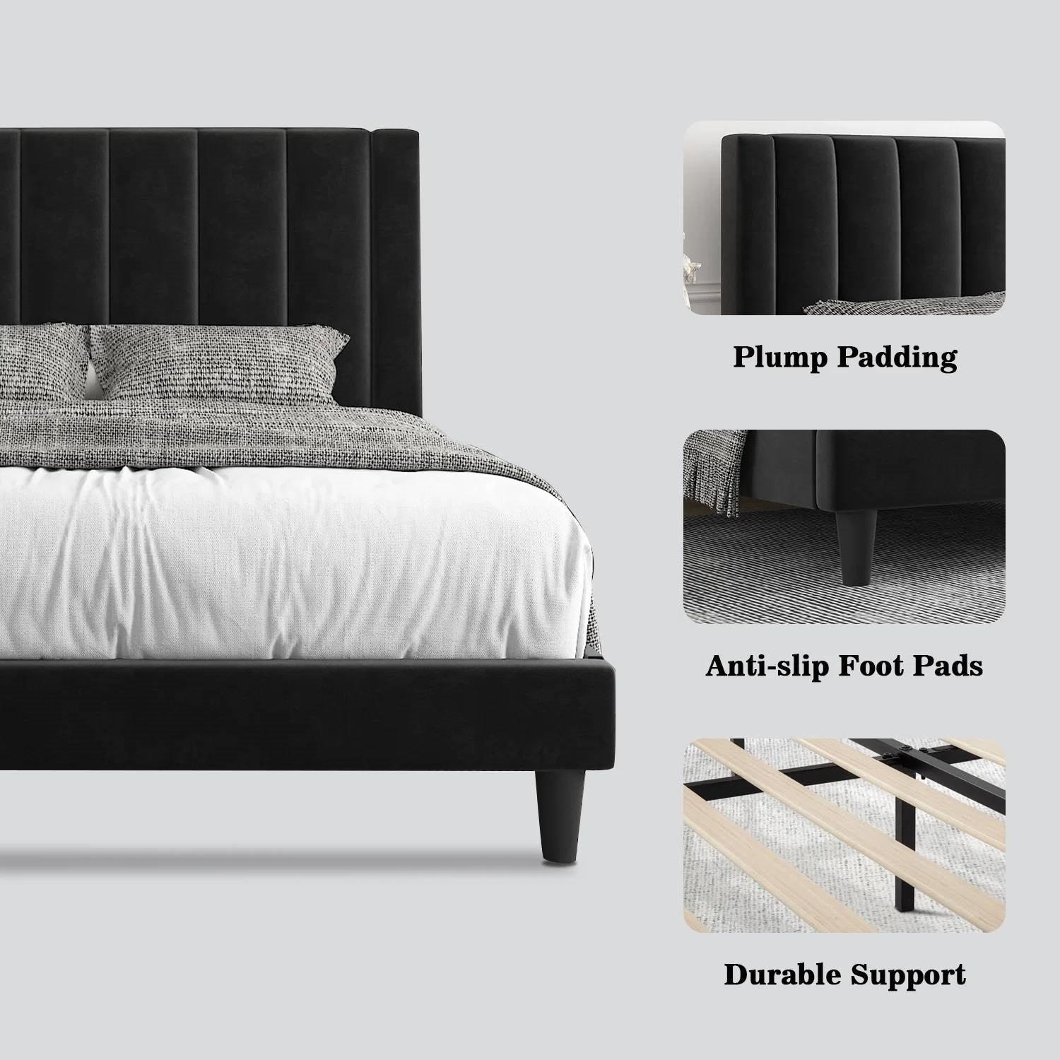 Queen size Black Velvet Upholstered Platform Bed Frame with Headboard - PRHOMZ