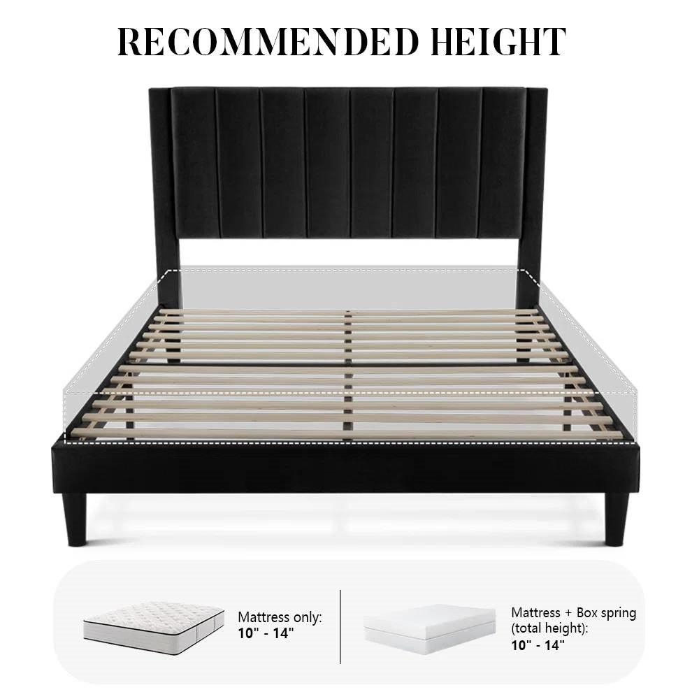 Queen size Black Velvet Upholstered Platform Bed Frame with Headboard - PRHOMZ