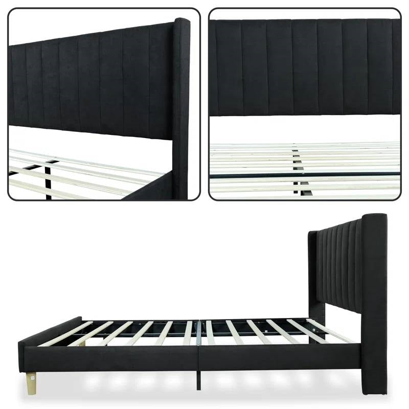 Queen size Mid-Century Black Linen Platform Bed Frame with Upholstered Headboard-2