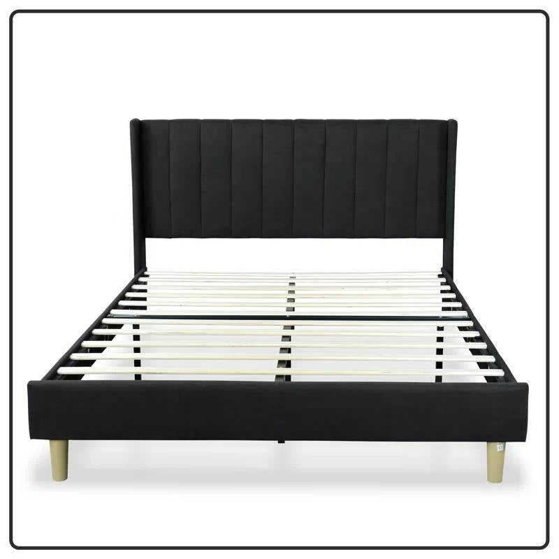 Queen size Mid-Century Black Linen Platform Bed Frame with Upholstered Headboard-3