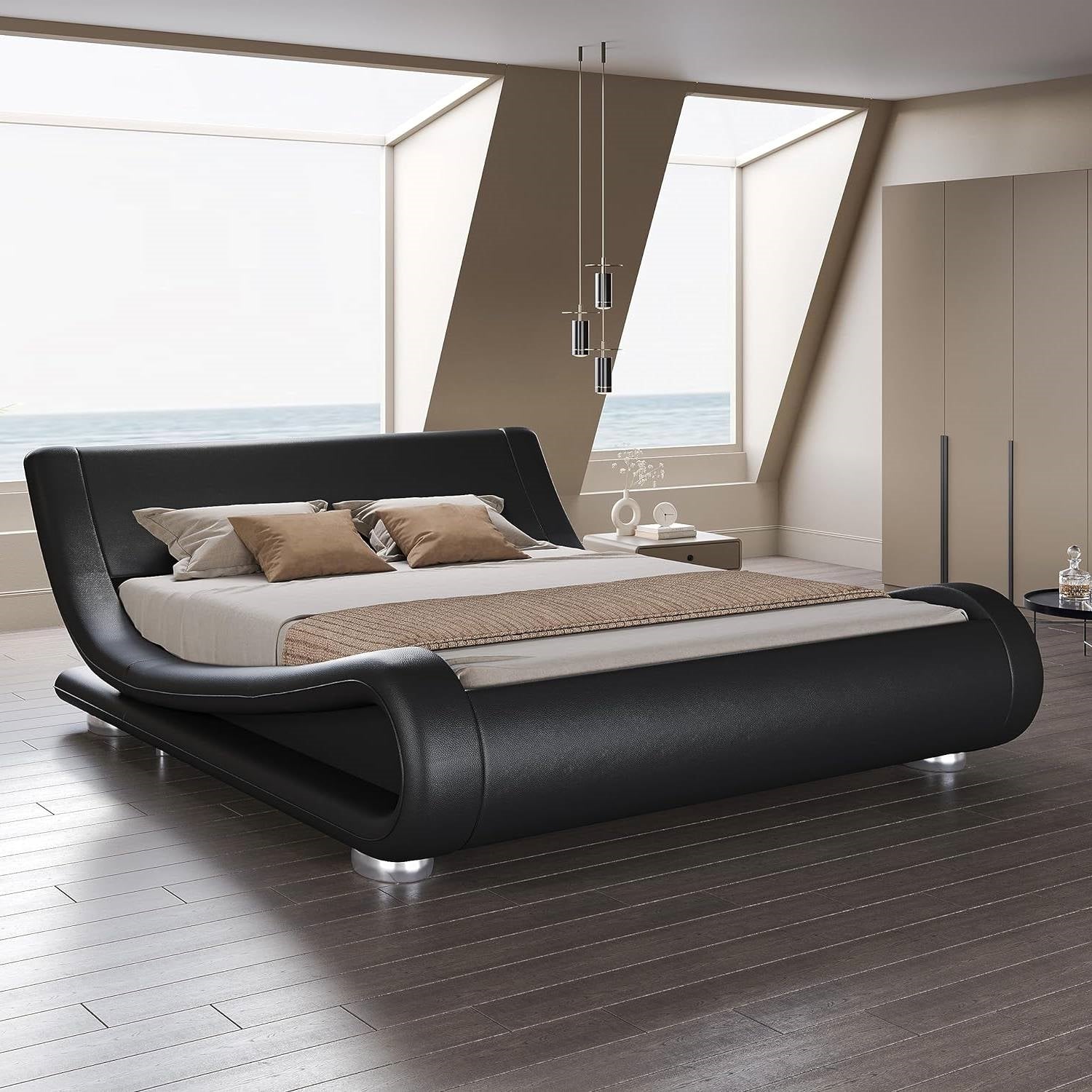 Queen Modern Black Upholstered Platform Bed Frame with Sleigh Curved Headboard-0