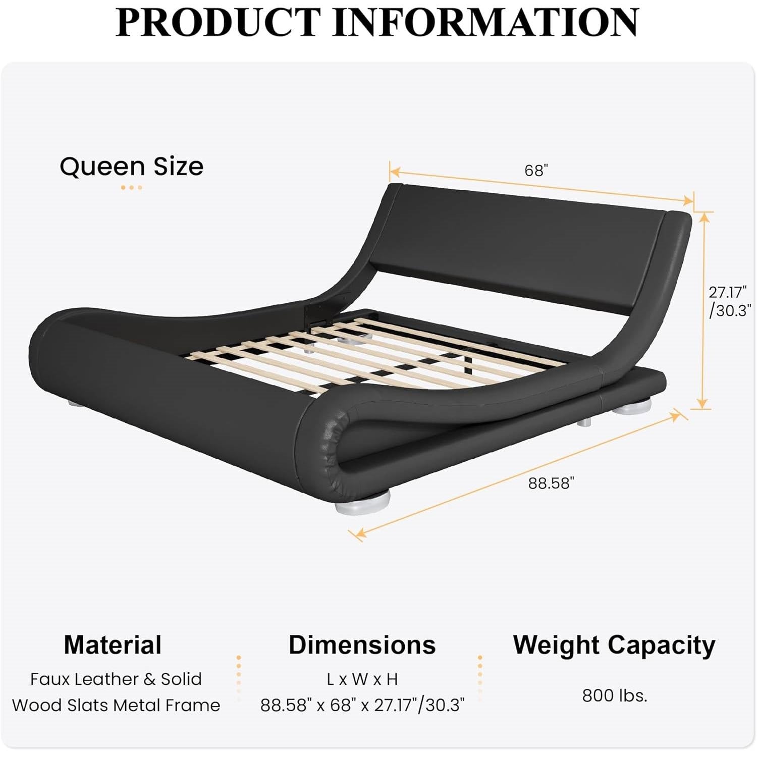 Queen Modern Black Upholstered Platform Bed Frame with Sleigh Curved Headboard-4