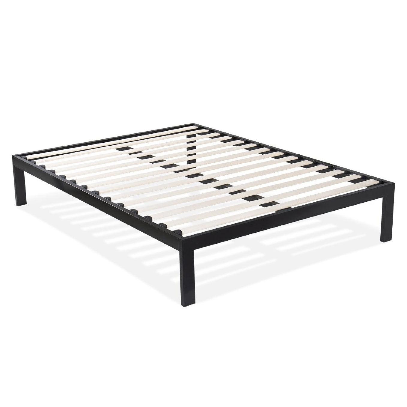 Queen size Modern Black Metal Platform Bed Frame with Wood Slats - PRHOMZ