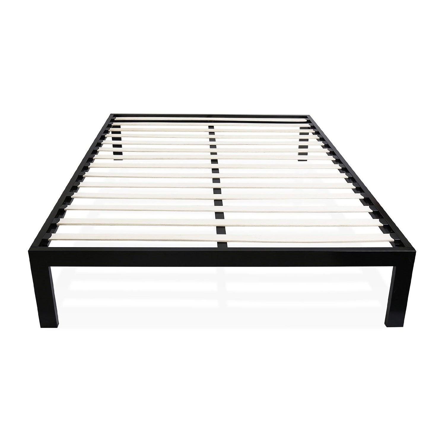 Queen size Modern Black Metal Platform Bed Frame with Wood Slats - PRHOMZ