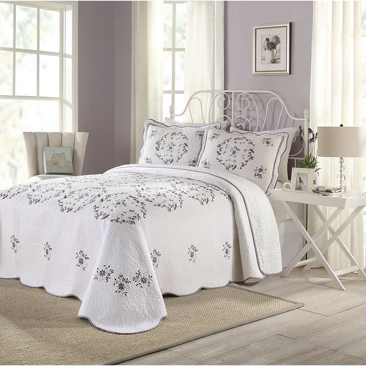 Queen size Cotton Bedspread with Scalloped Edges and Floral Print Embroidery in White-0