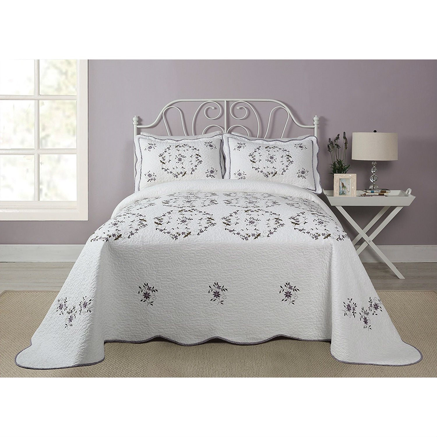 Queen size Cotton Bedspread with Scalloped Edges and Floral Print Embroidery in White-1