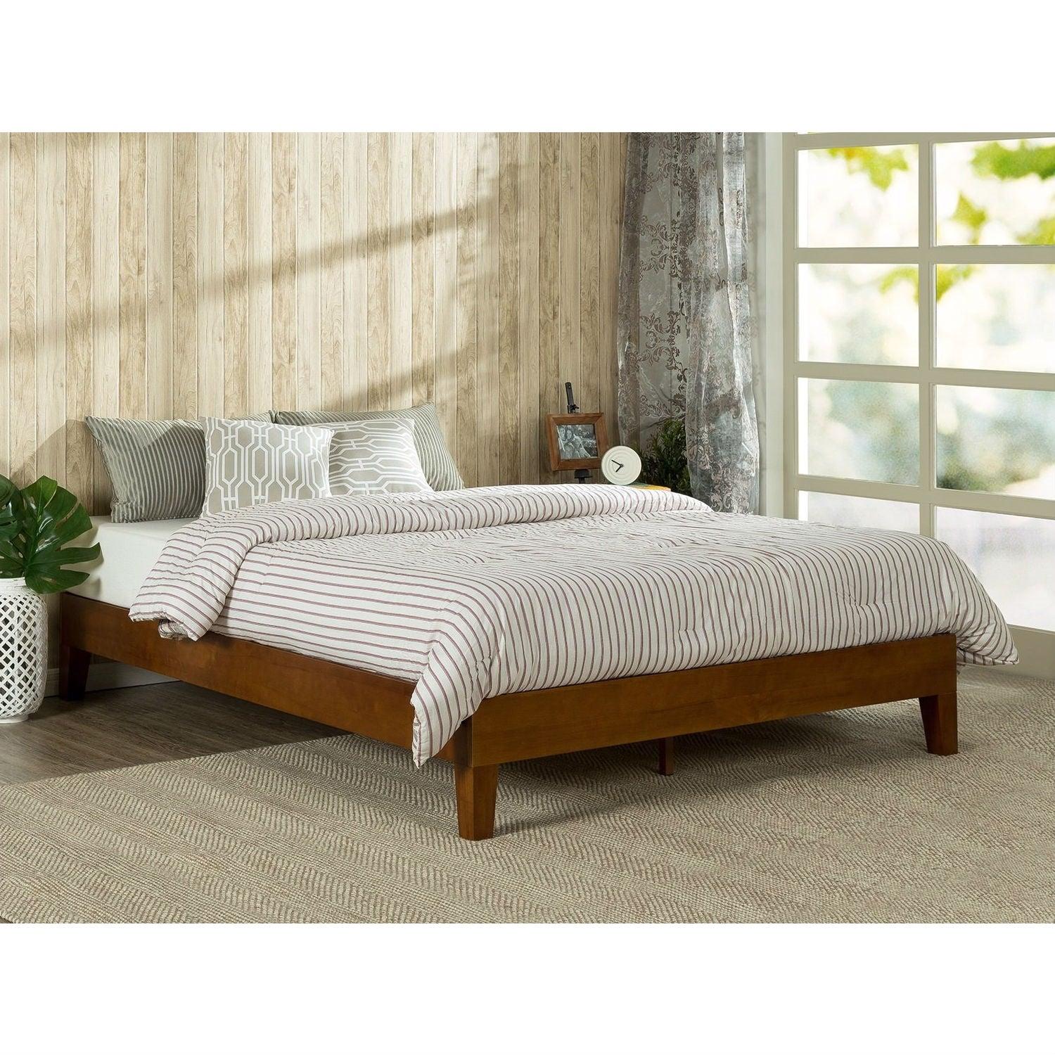 Queen size Solid Wood Low Profile Platform Bed Frame in Cherry Finish - PRHOMZ