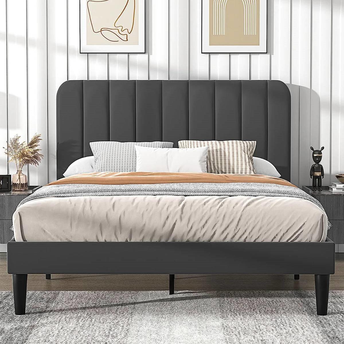 Queen size Dark Grey Upholstered Platform Bed Frame with Headboard-0