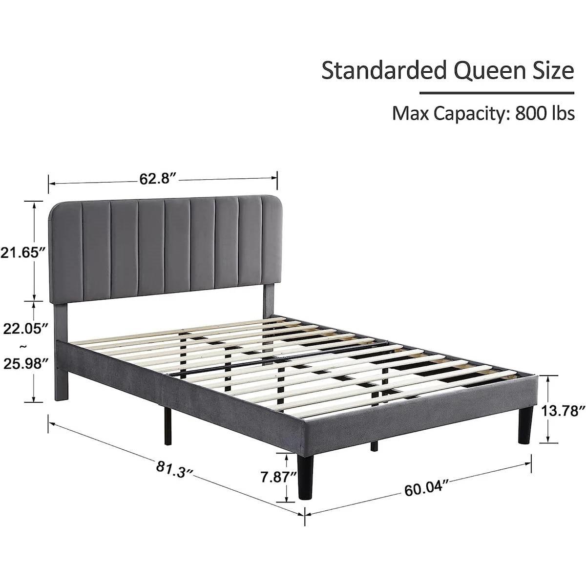 Queen size Dark Grey Upholstered Platform Bed Frame with Headboard-4