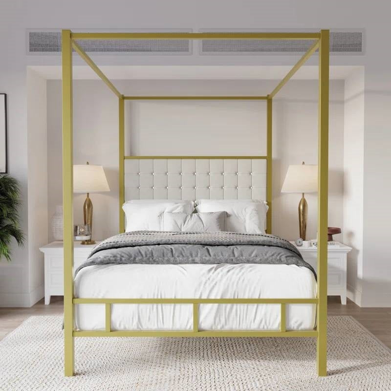 Queen size Gold Metal Canopy Bed with Upholstered Button-Tufted Headboard-1