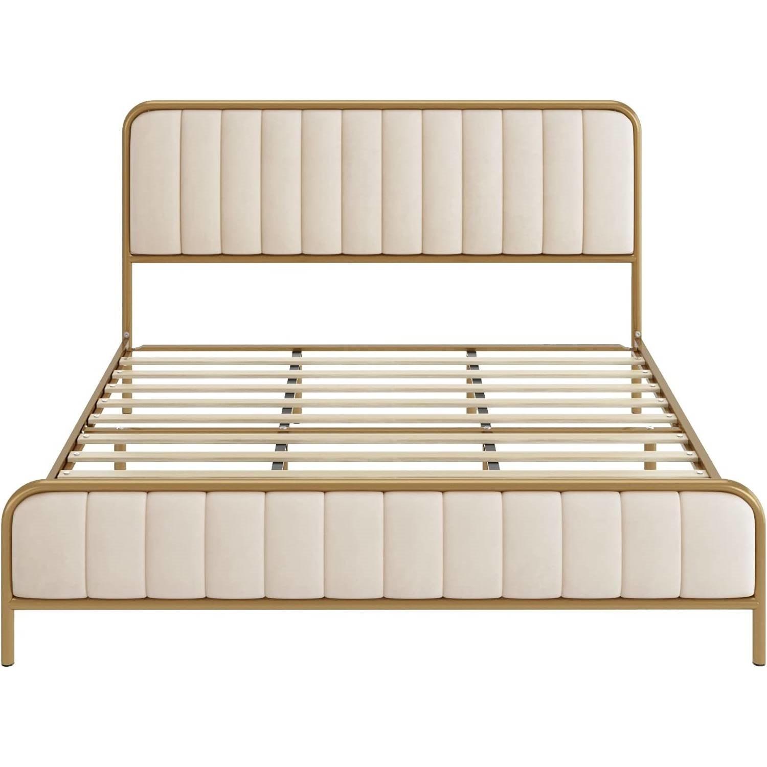 Queen size Gold Metal Platform Bed Frame with Off-White Upholstered Headboard - PRHOMZ