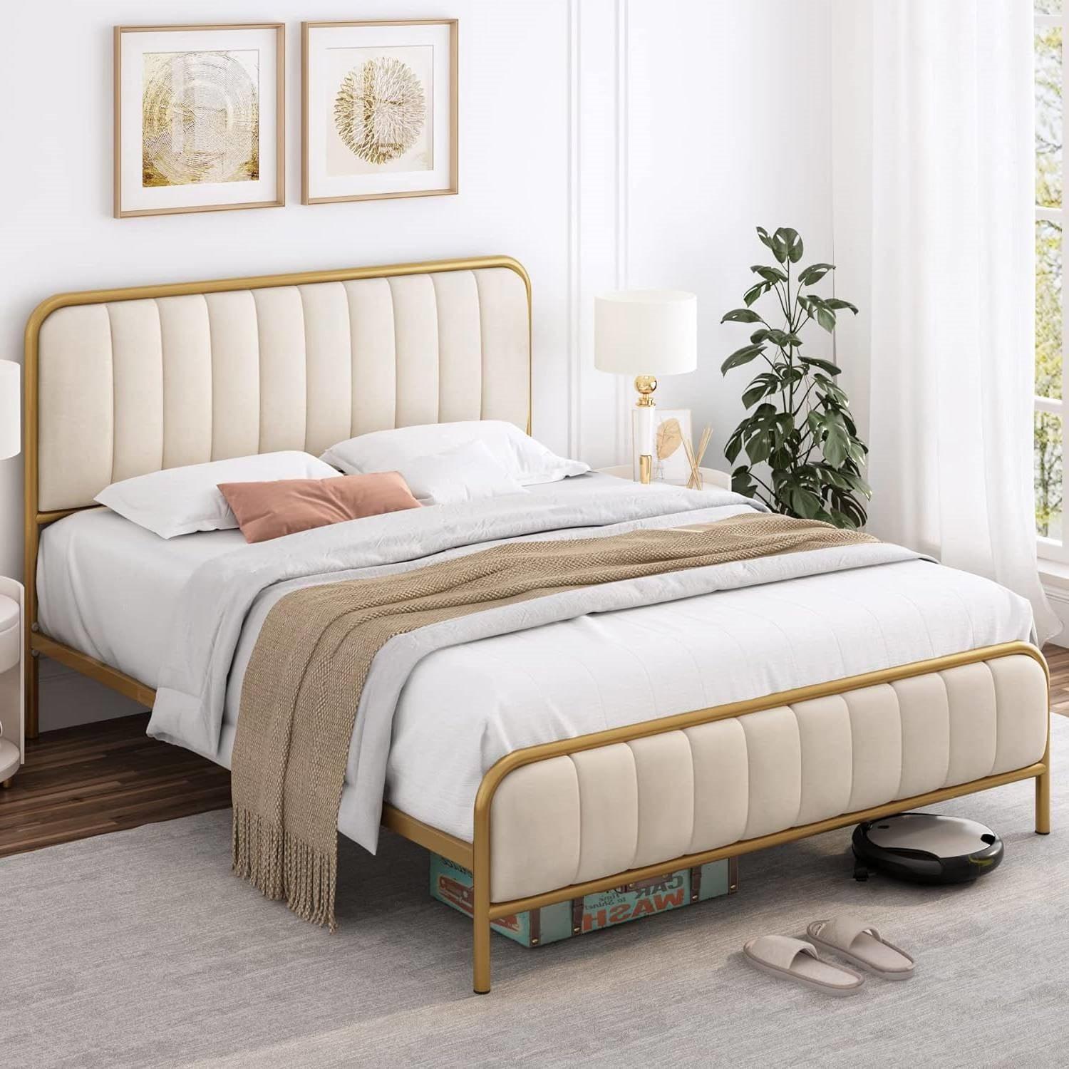 Queen size Gold Metal Platform Bed Frame with Off-White Upholstered Headboard - PRHOMZ