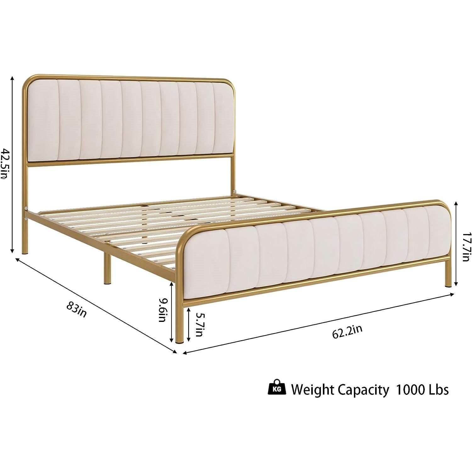 Queen size Gold Metal Platform Bed Frame with Off-White Upholstered Headboard - PRHOMZ