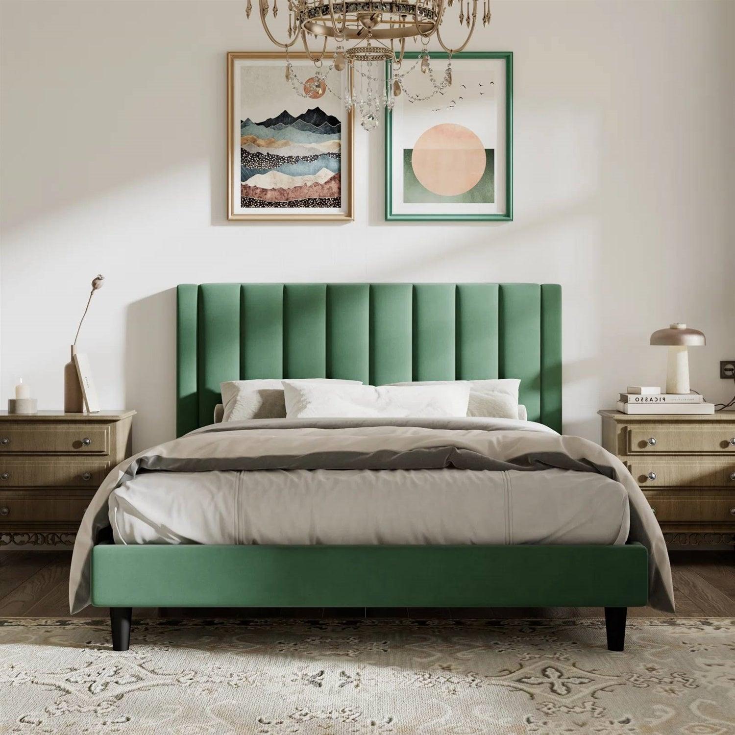 Queen size Green Velvet Upholstered Platform Bed Frame with Headboard - PRHOMZ