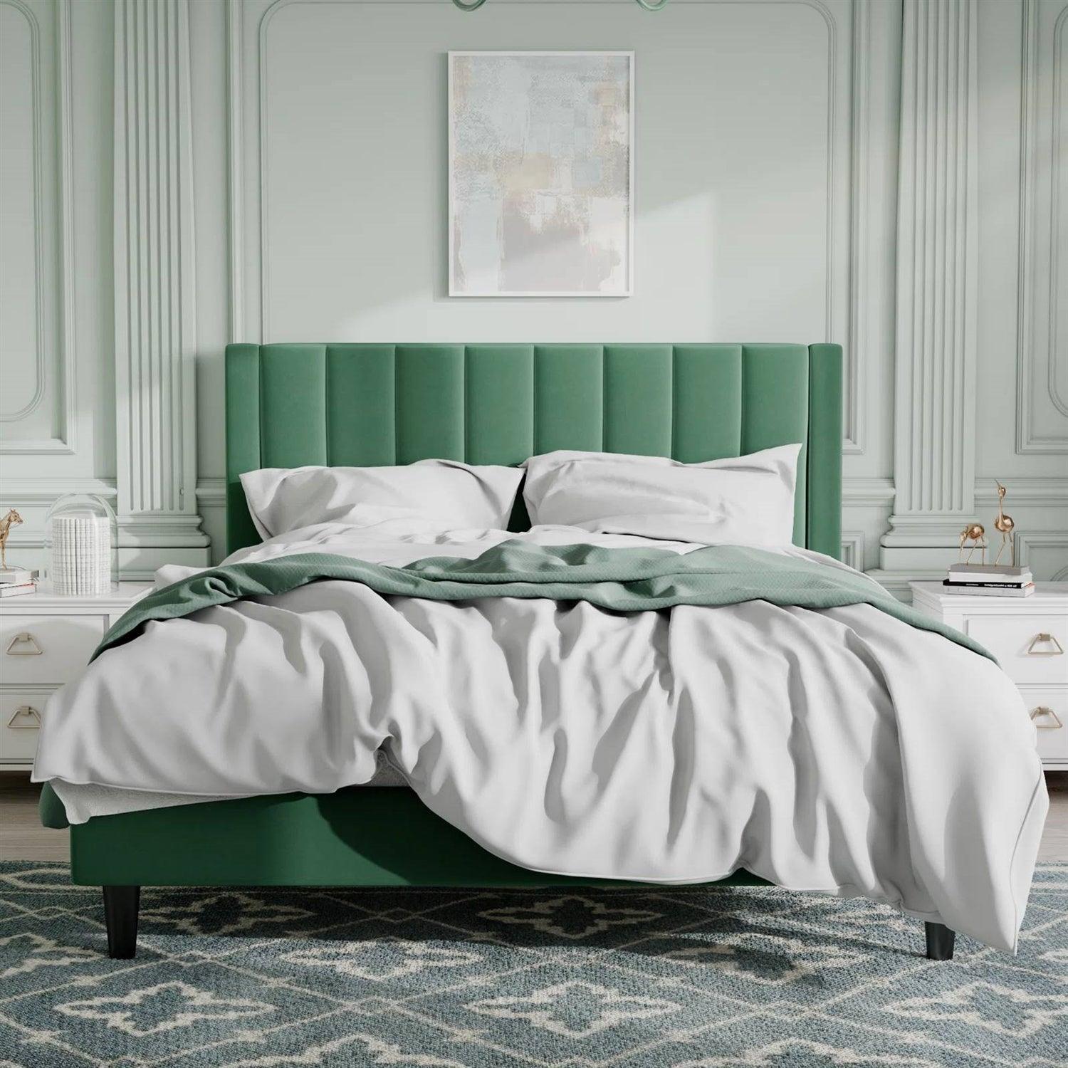 Queen size Green Velvet Upholstered Platform Bed Frame with Headboard - PRHOMZ