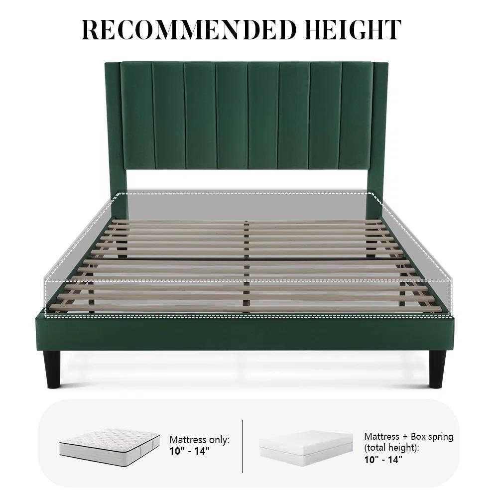 Queen size Green Velvet Upholstered Platform Bed Frame with Headboard - PRHOMZ