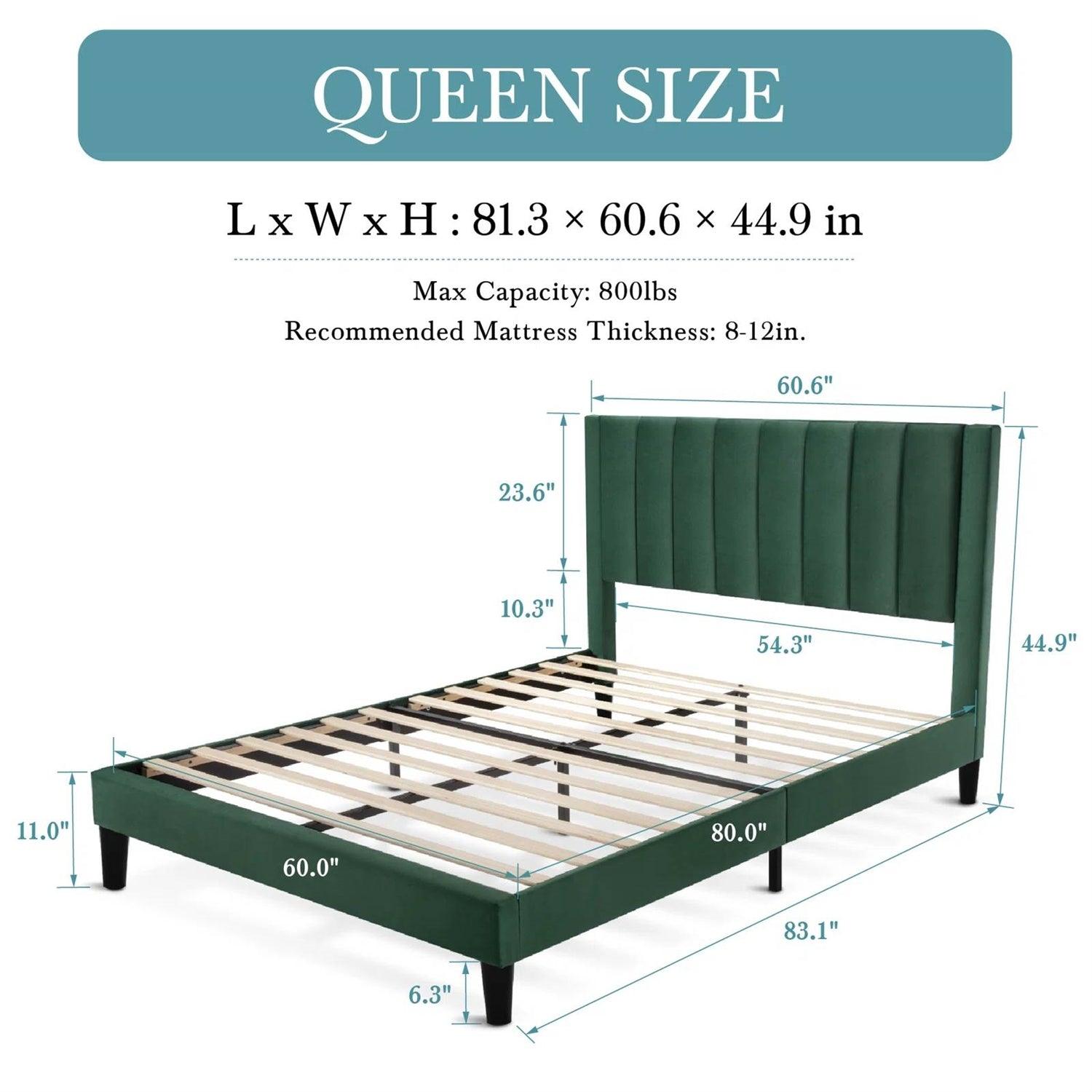 Queen size Green Velvet Upholstered Platform Bed Frame with Headboard - PRHOMZ