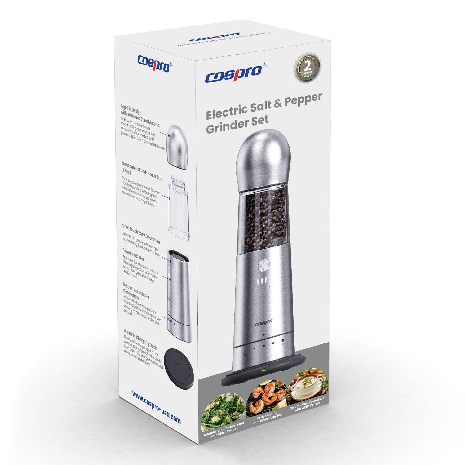 COSPRO Electric Salt and Pepper Grinder with Qi Wireless Charging Base – 1-Pack