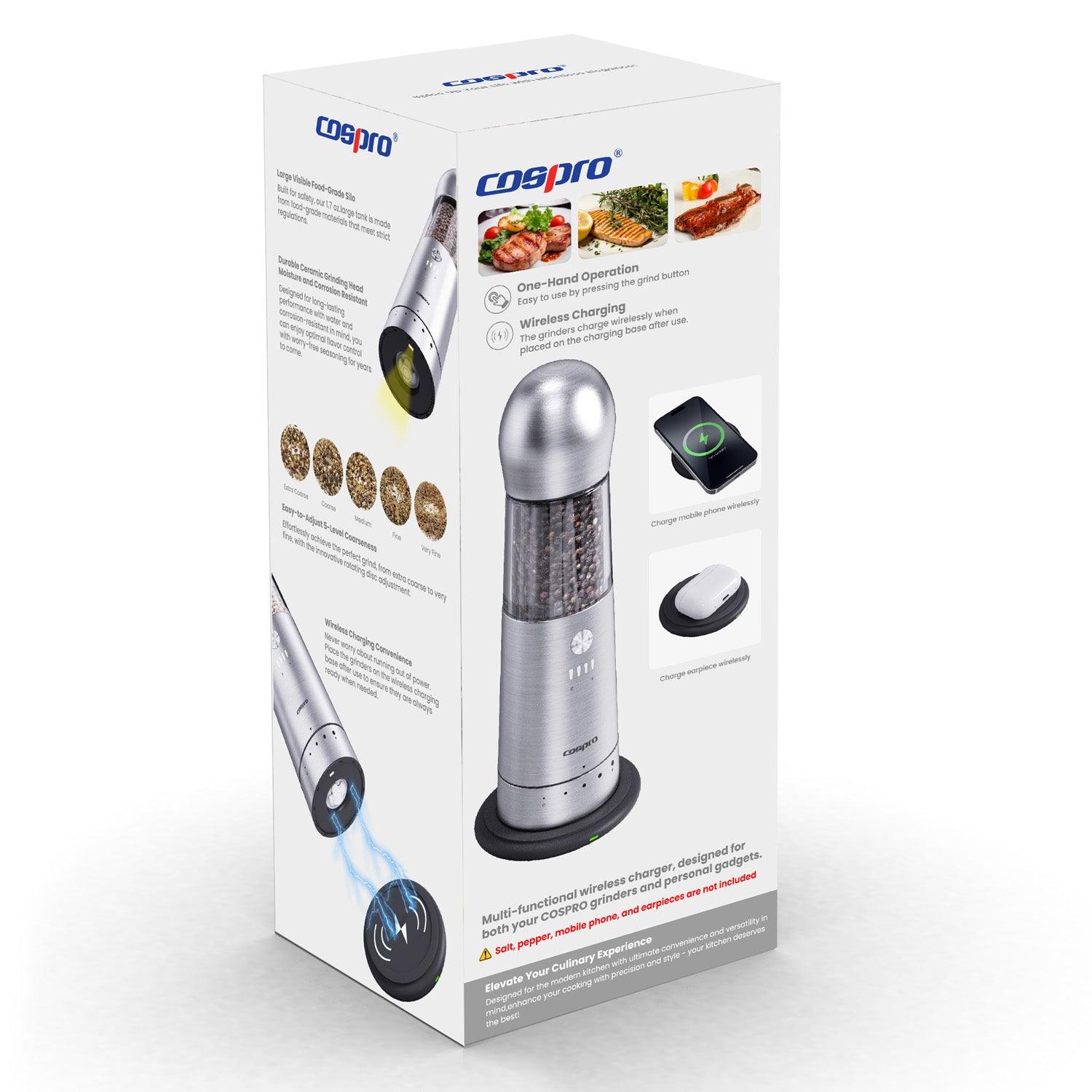 COSPRO Electric Salt and Pepper Grinder with Qi Wireless Charging Base – 1-Pack