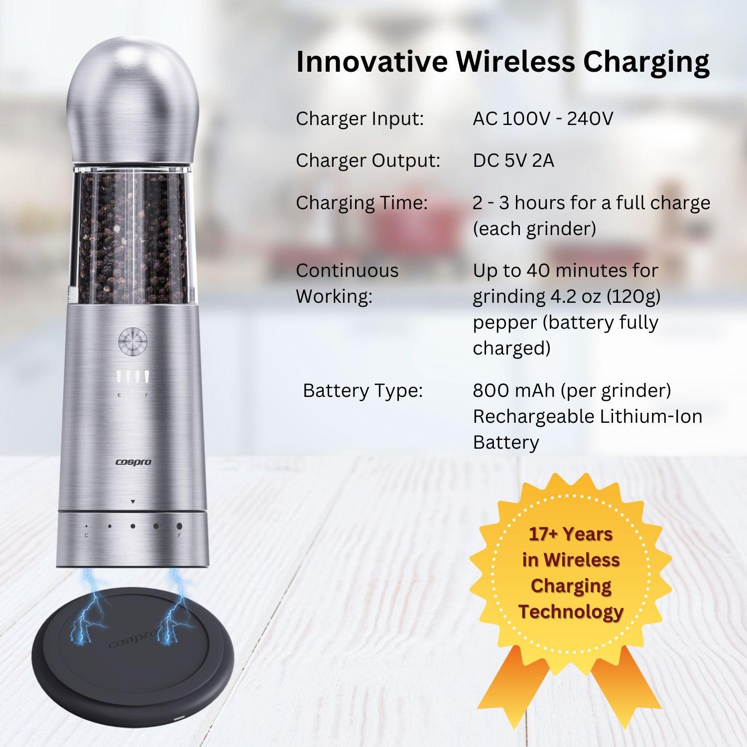 COSPRO Electric Salt and Pepper Grinder with Qi Wireless Charging Base – 1-Pack