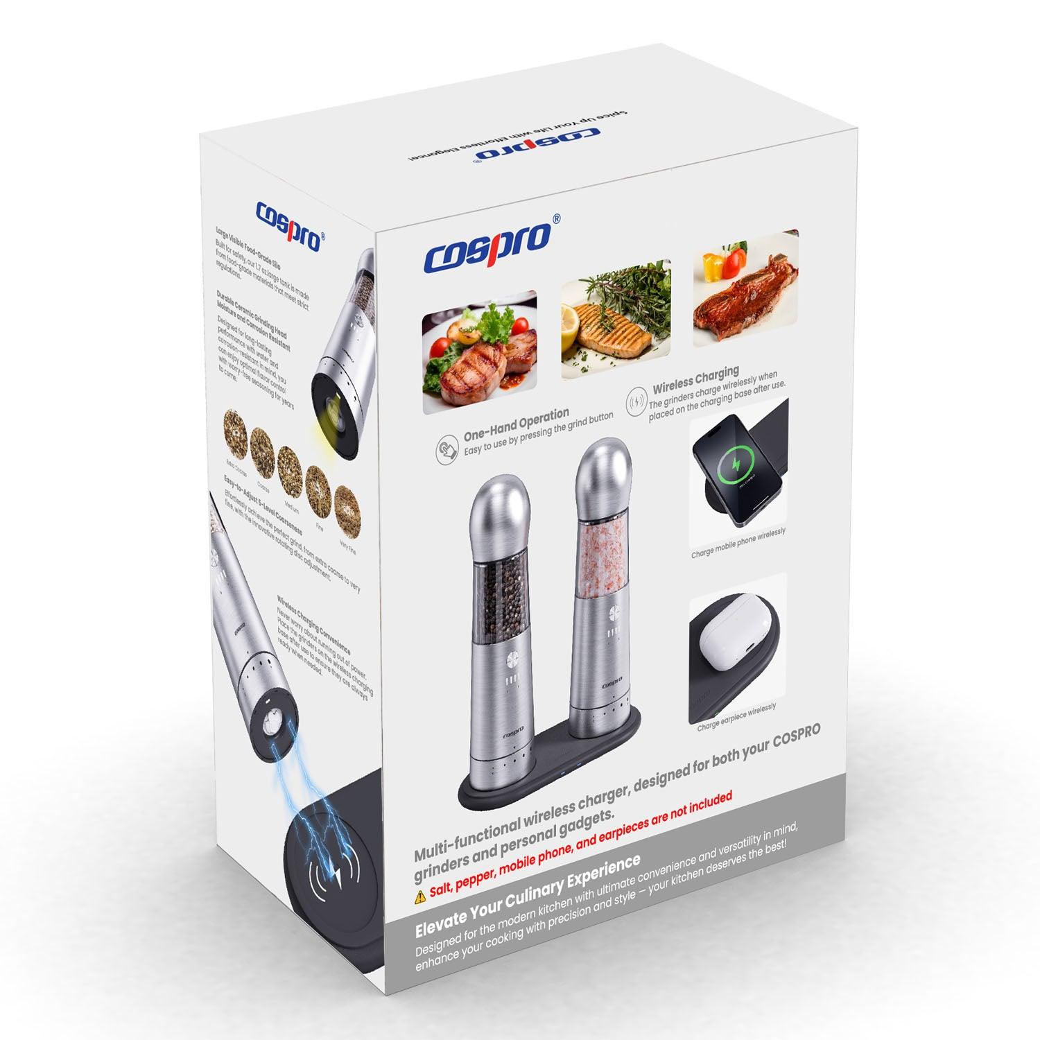 COSPRO 2-in-1 Electric Salt and Pepper Grinder Set with Wireless Charging Base – SPL Edition