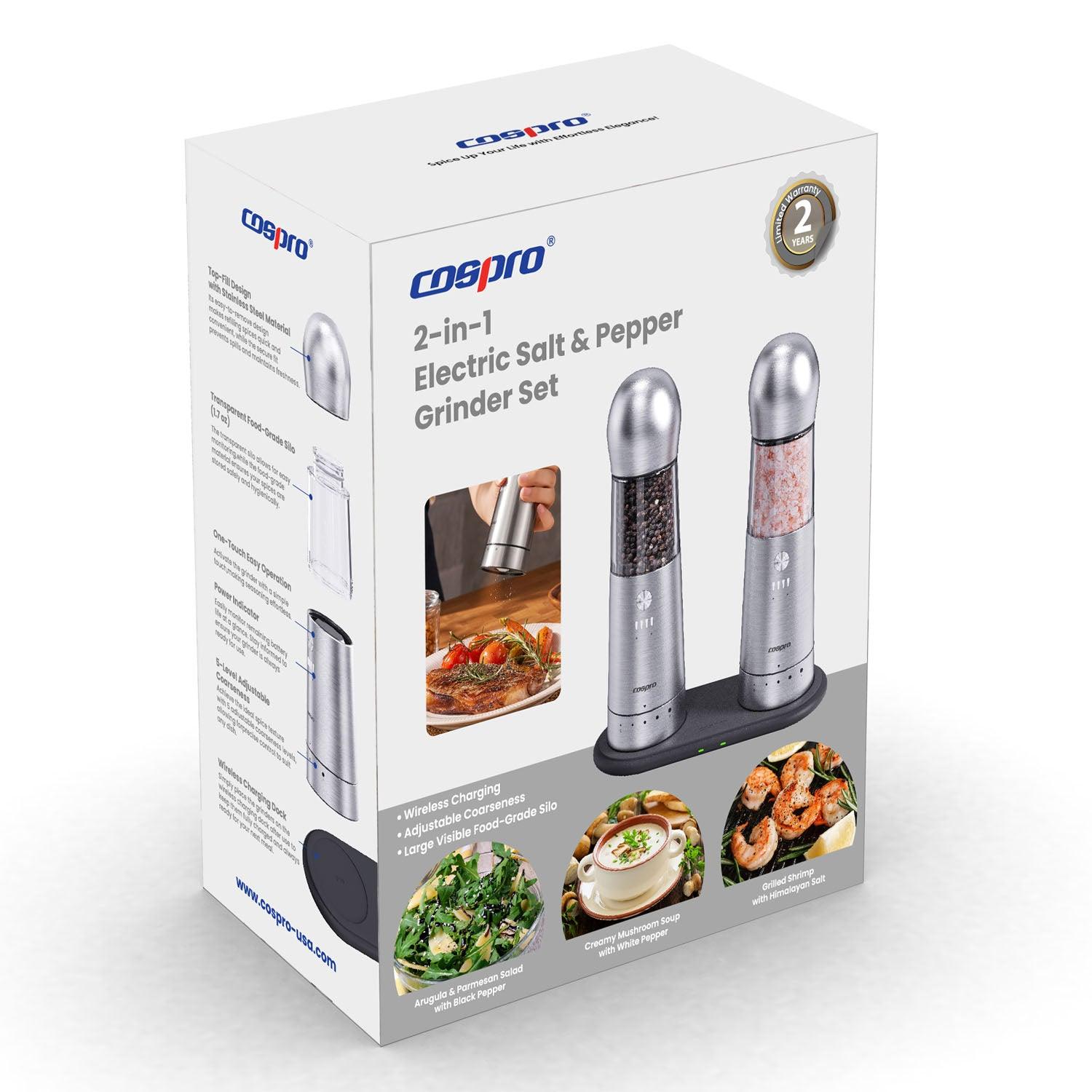 COSPRO 2-in-1 Electric Salt and Pepper Grinder Set with Wireless Charging Base – SPL Edition