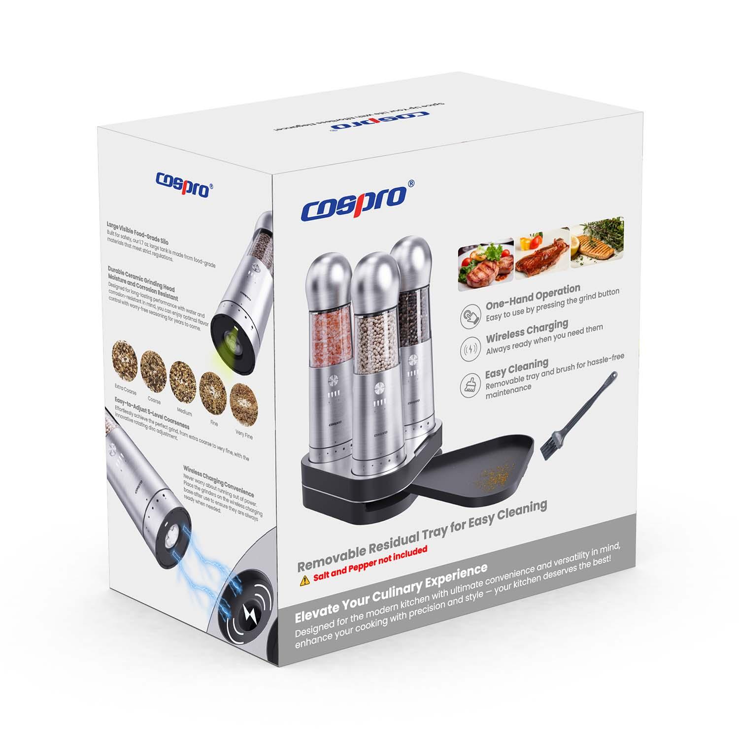 COSPRO 3-in-1 Electric Salt and Pepper Grinder Set with Adjustable Coarseness and USB Charging