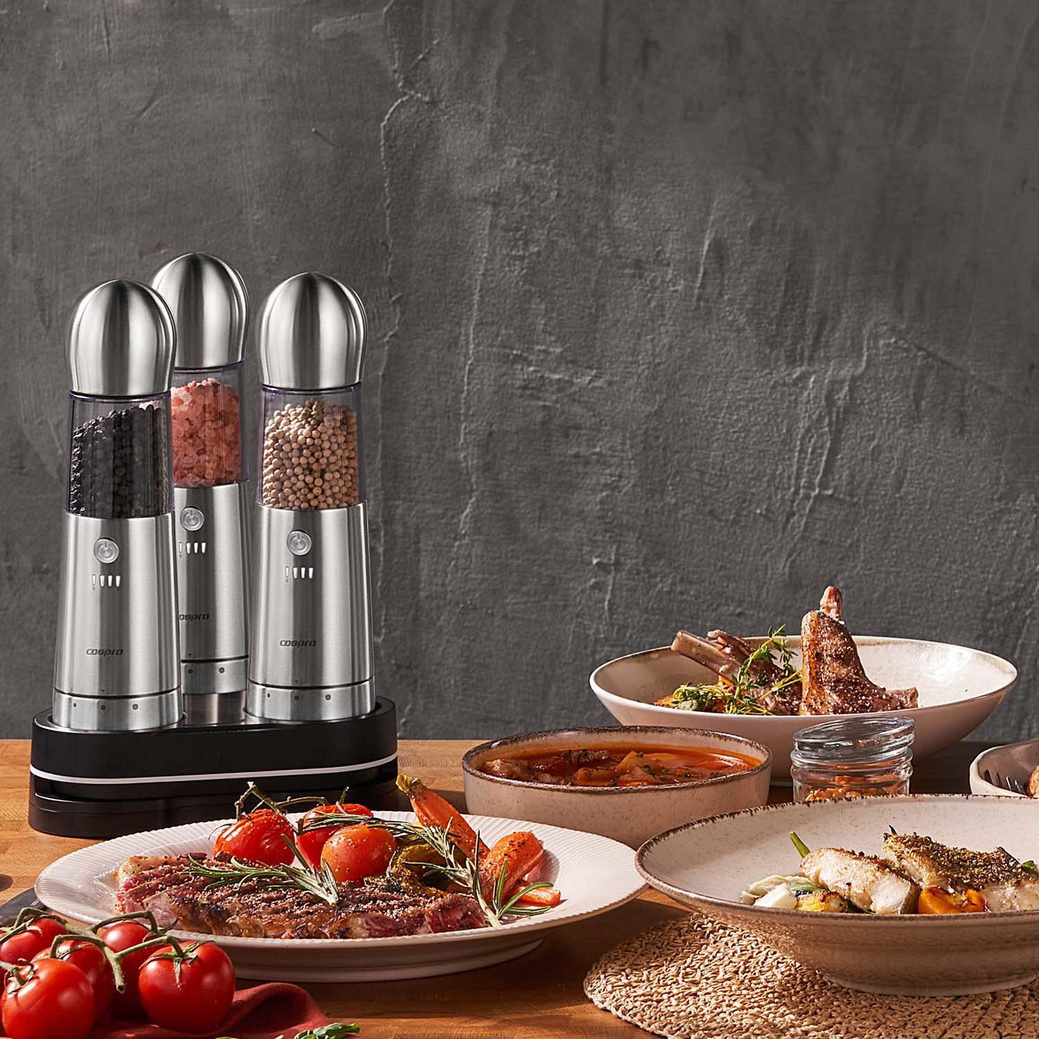 COSPRO 3-in-1 Electric Salt and Pepper Grinder Set with Adjustable Coarseness and USB Charging