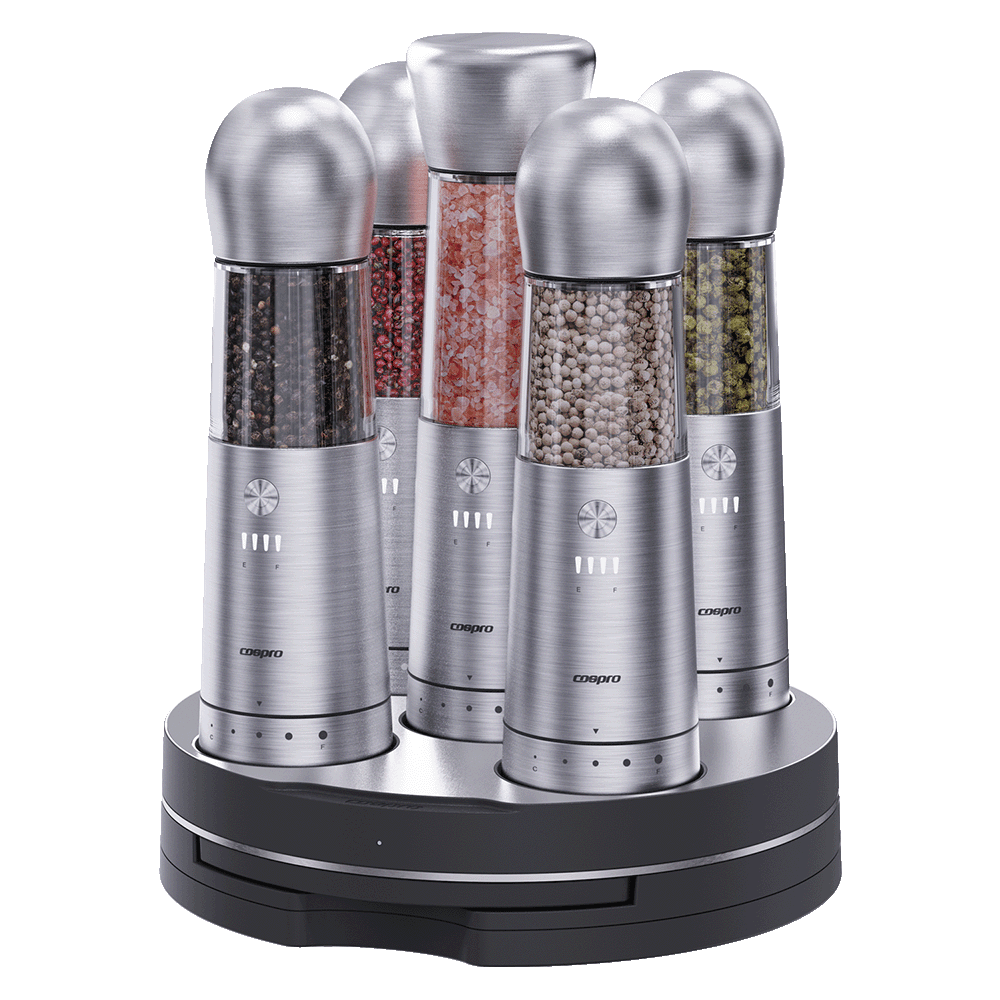 COSPRO 5-in-1 Electric Salt and Pepper Grinder Set with Adjustable Coarseness and Rechargeable Base