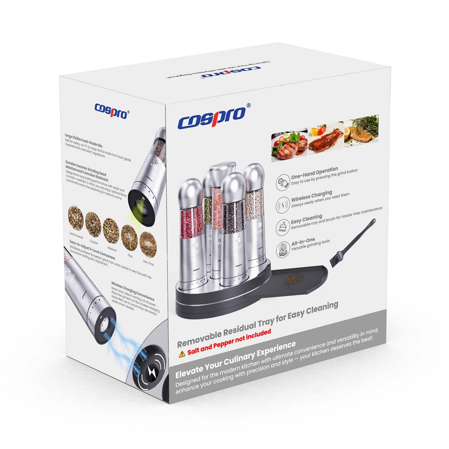 COSPRO 5-in-1 Electric Salt and Pepper Grinder Set with Adjustable Coarseness and Rechargeable Base