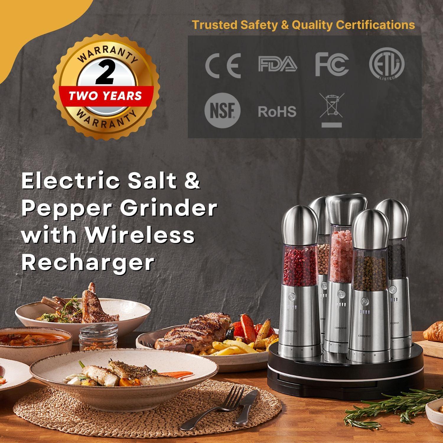 COSPRO 5-in-1 Electric Salt and Pepper Grinder Set with Adjustable Coarseness and Rechargeable Base