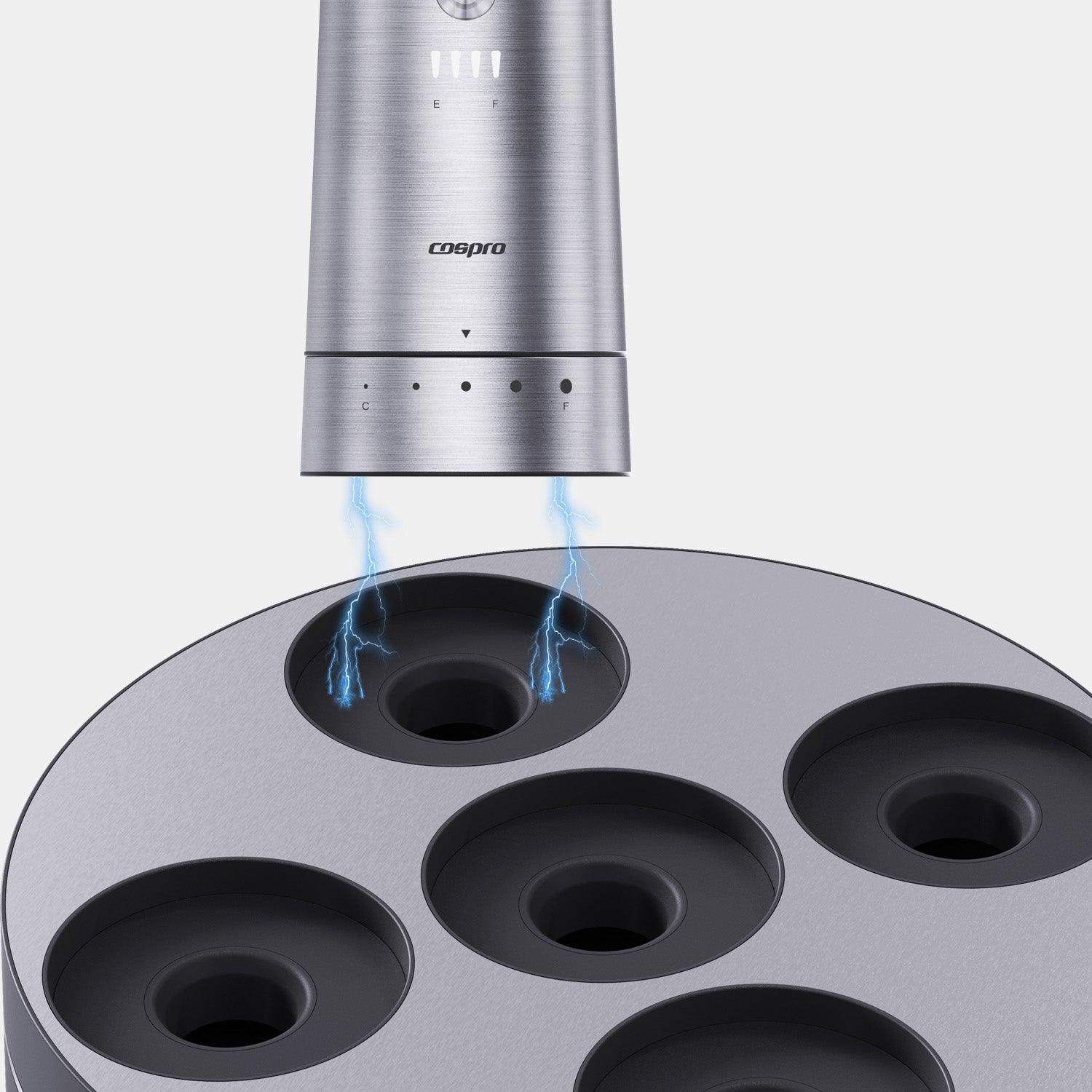 COSPRO 5-in-1 Electric Salt and Pepper Grinder Set with Adjustable Coarseness and Rechargeable Base