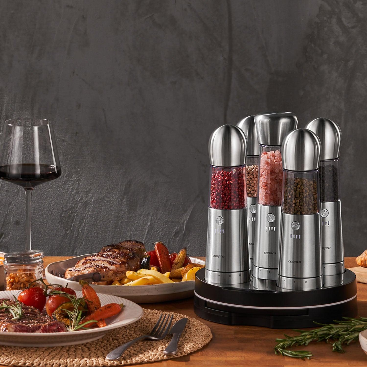 COSPRO 5-in-1 Electric Salt and Pepper Grinder Set with Adjustable Coarseness and Rechargeable Base