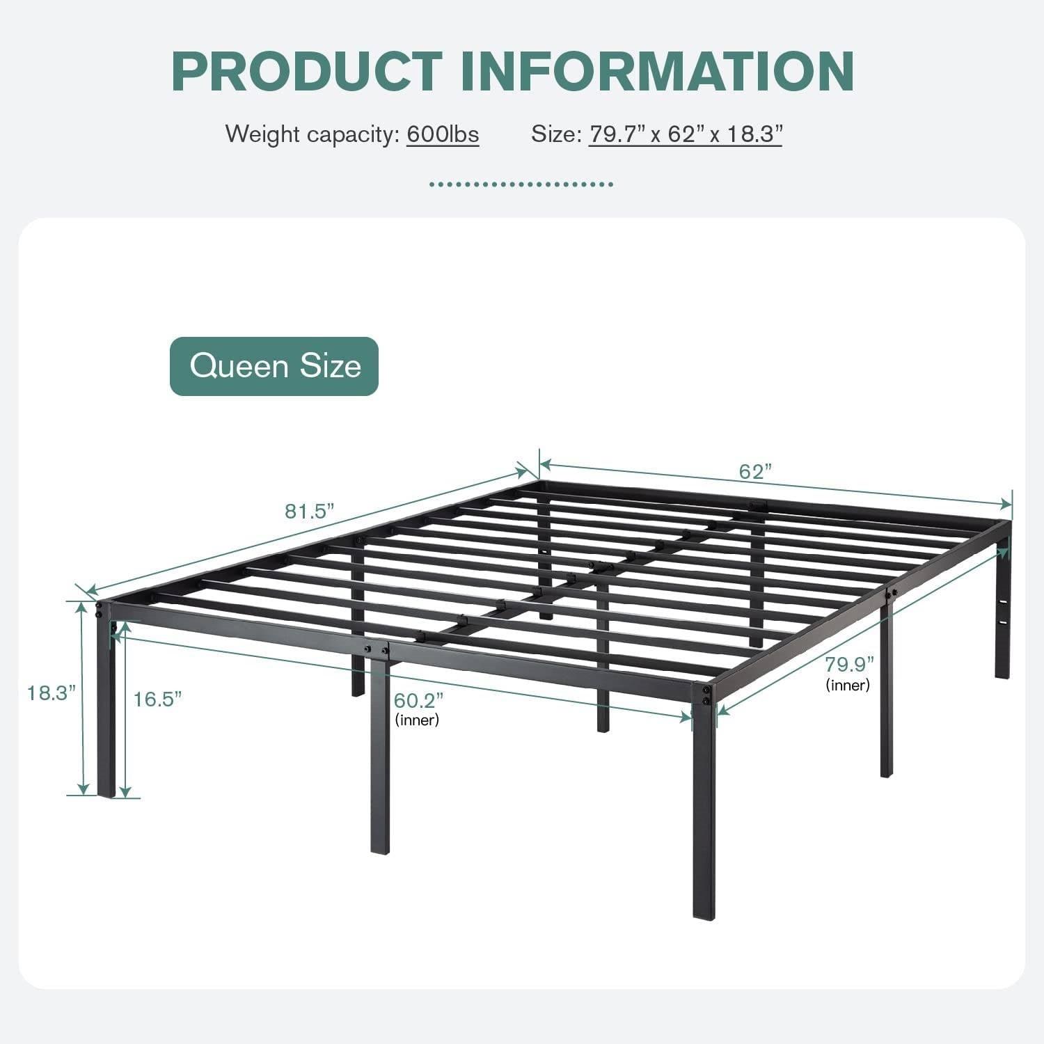 Queen 18-inch Metal Platform Bed Frame with Under-Bed Storage Space - PRHOMZ