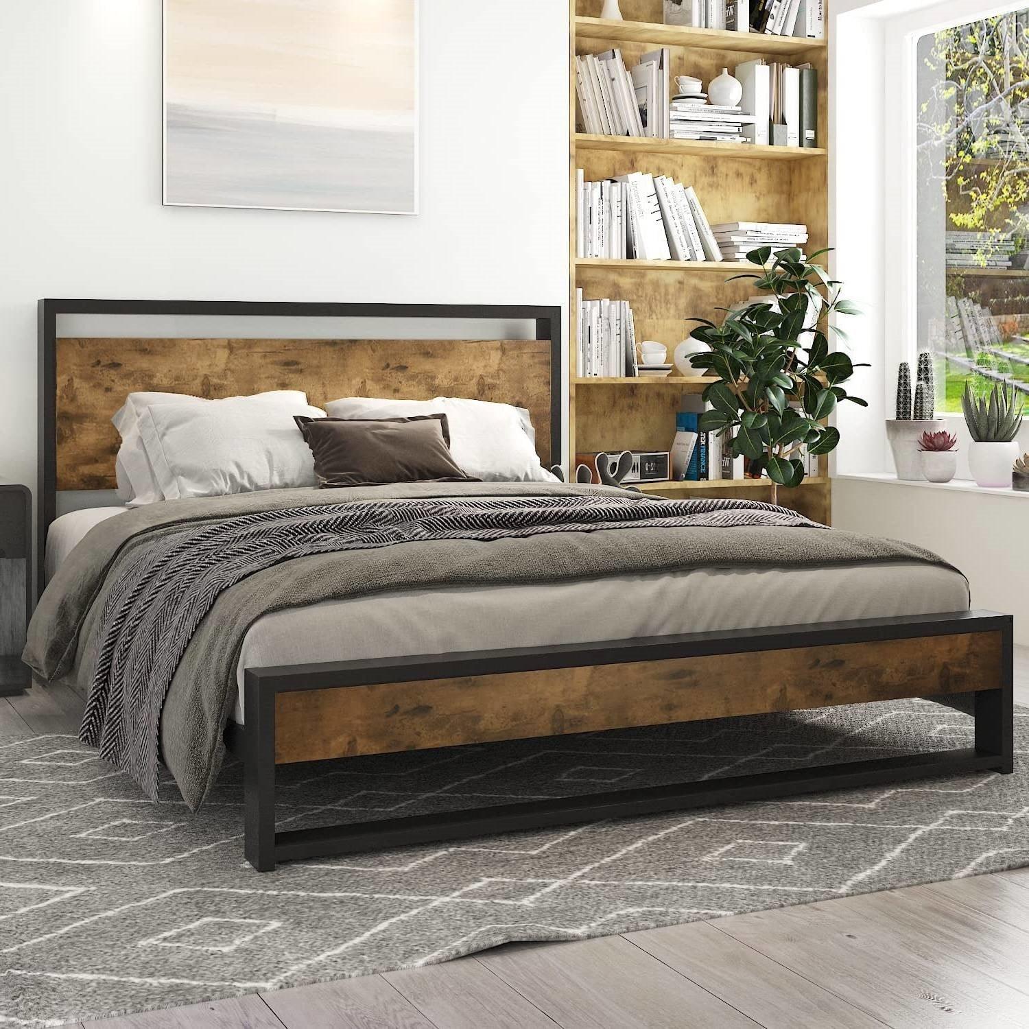 Queen Modern Farmhouse Platform Bed Frame with Wood Panel Headboard Footboard - PRHOMZ
