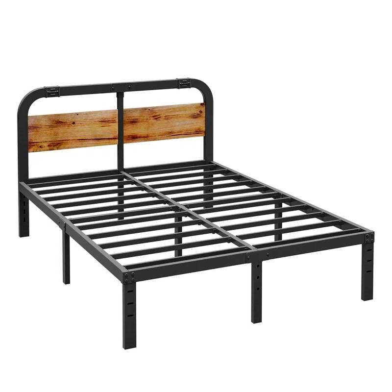 Queen Heavy Duty Black Metal Bed Frame with Solid Wood Panel Headboard-2