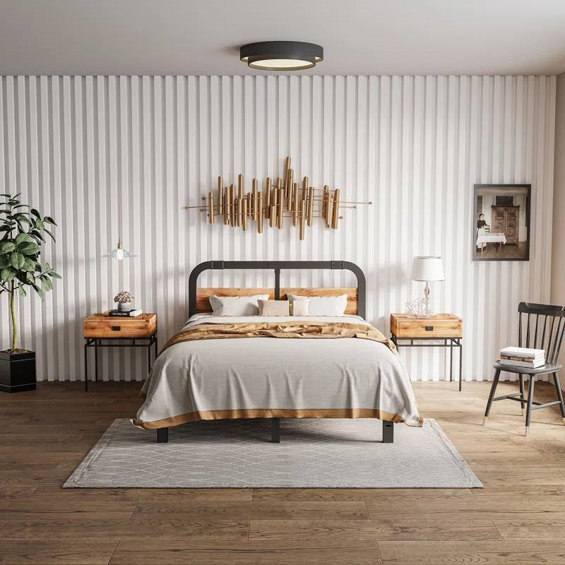 Queen Heavy Duty Black Metal Bed Frame with Solid Wood Panel Headboard-3