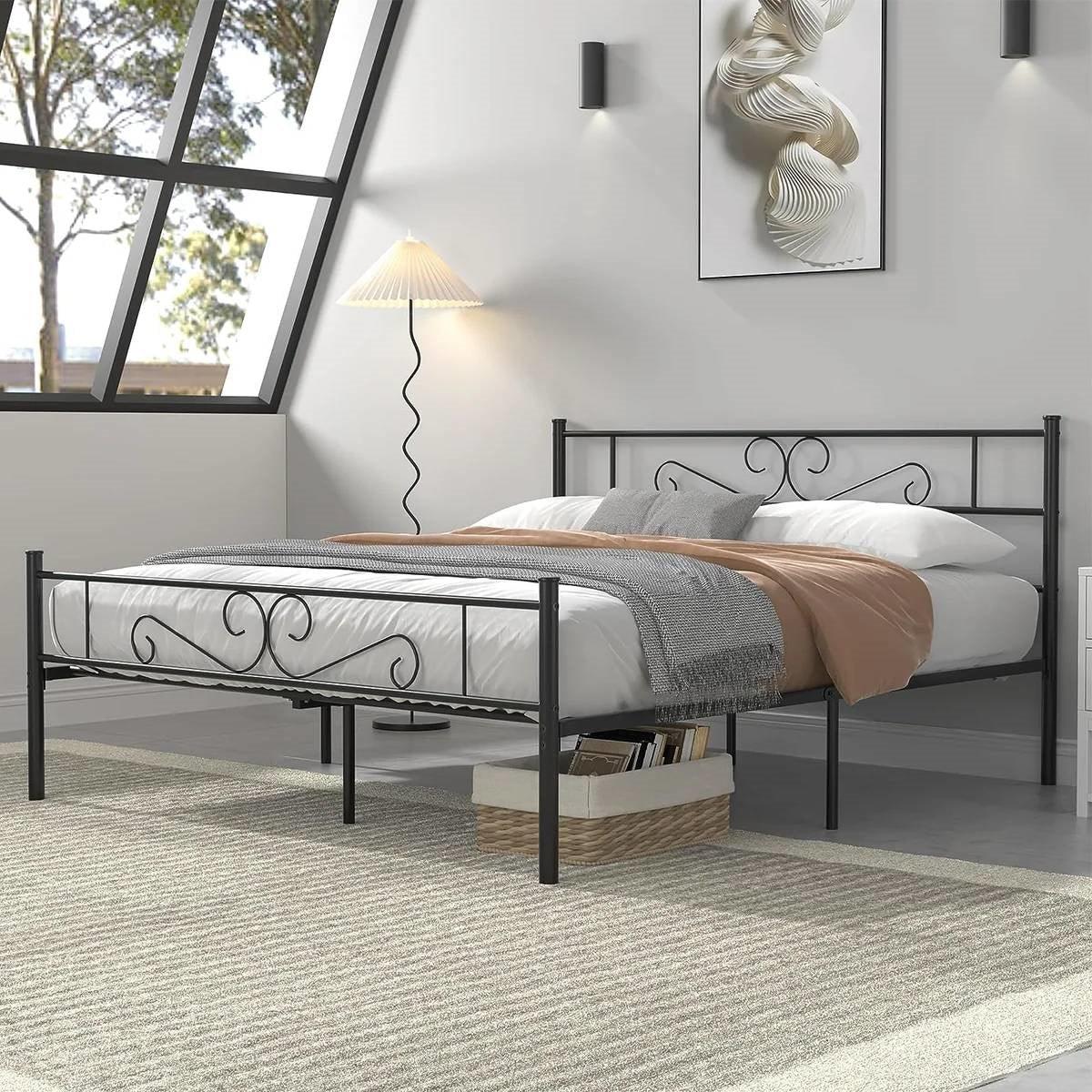 Queen Sturdy Metal Platform Bed Frame with Headboard Footboard in Black Finish-1