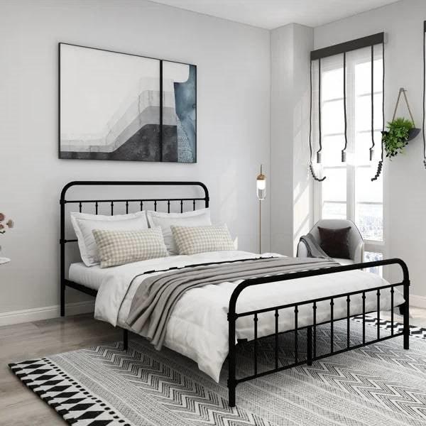 Queen Classic Farmhouse Black Metal Bed Frame with Rounded Headboard Footboard-0